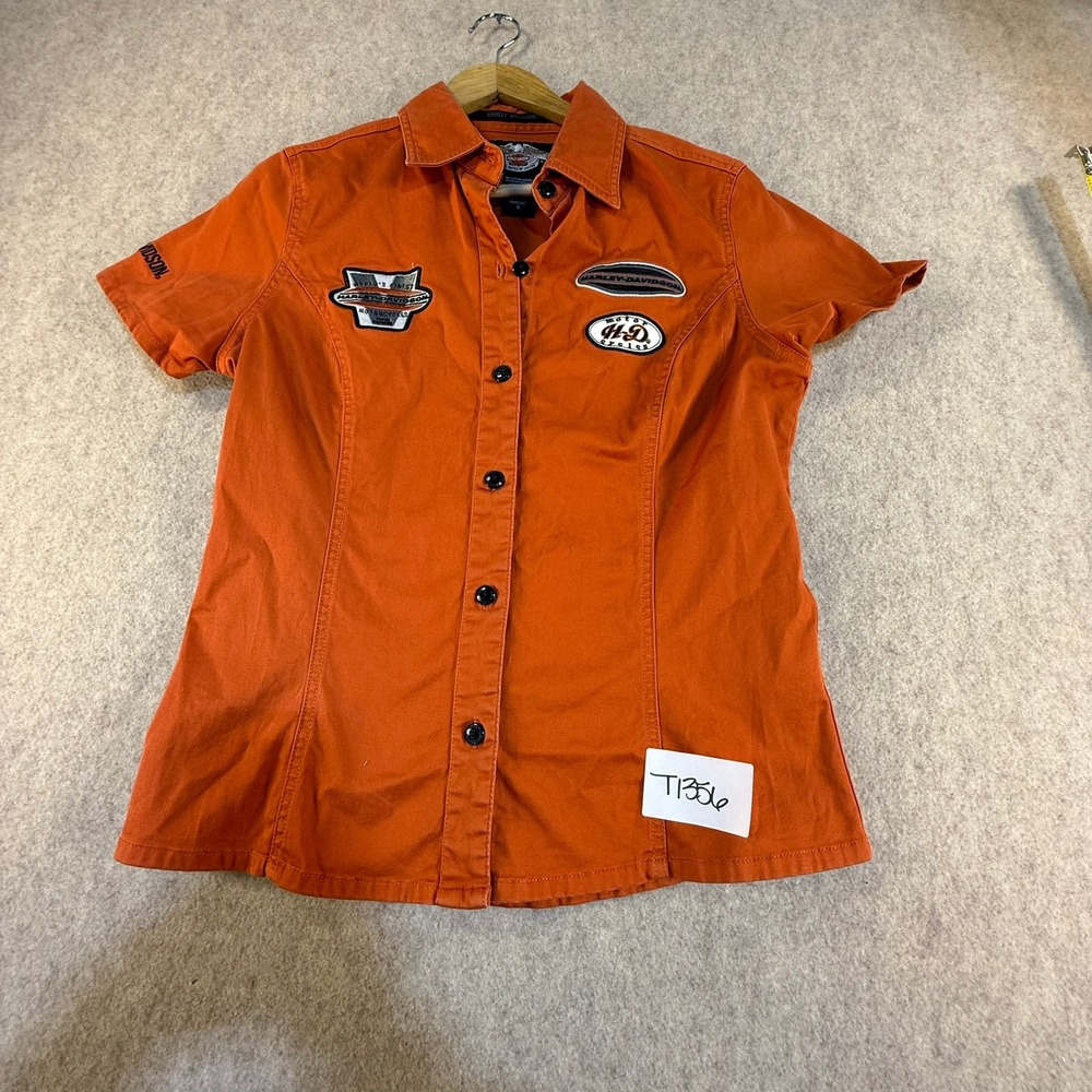 Harley-Davidson Womens Orange Short Sleeve Buttonβ Up Patch Shirt Small T1356
